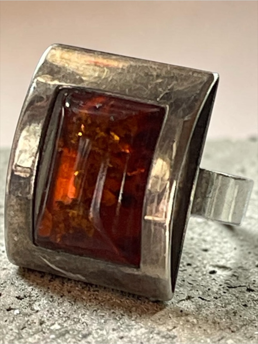 Modernist Baltic Amber 925 Sterling Silver Geometric Statement Ring Size 7